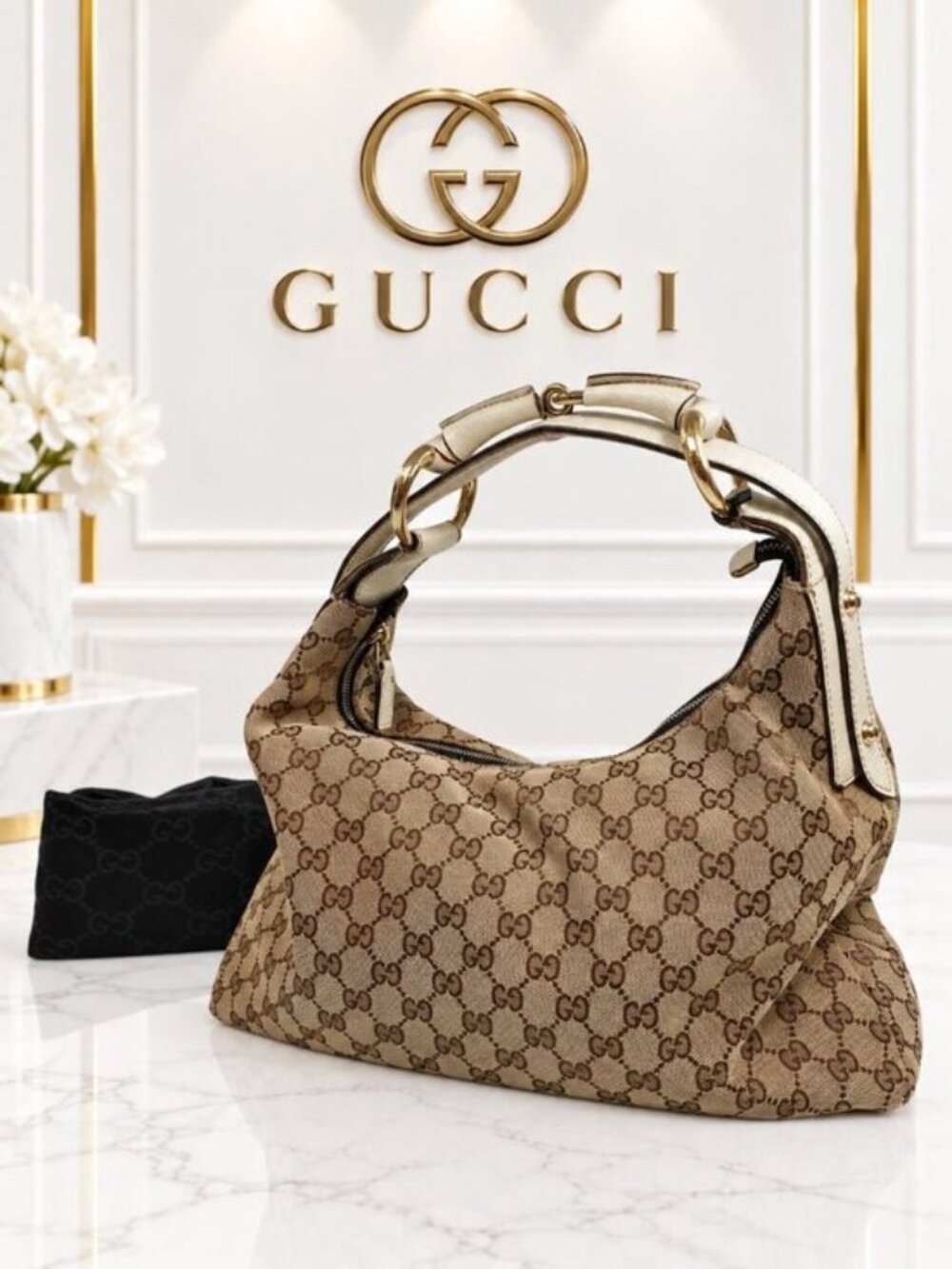 Authentic Gucci GG Canvas Horsebit Hobo Shoulder Bag Leather Vintage